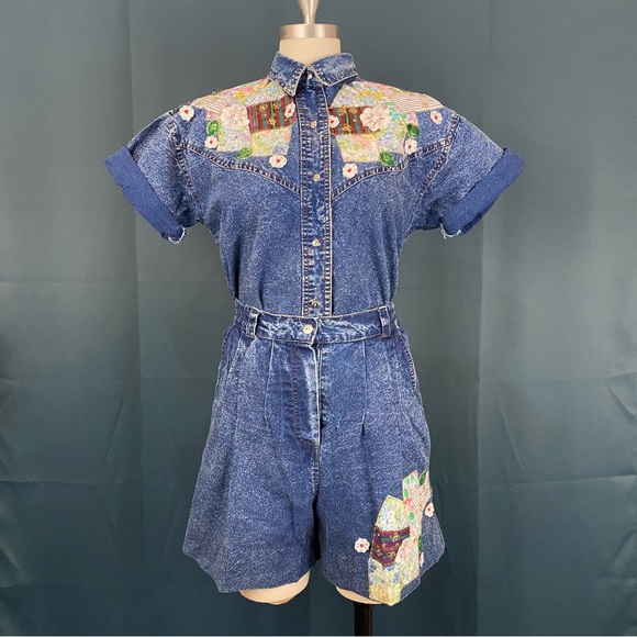 Vintage Pants - (SOLD) Vintage 80s Funky Chambray Top & Shorts Set